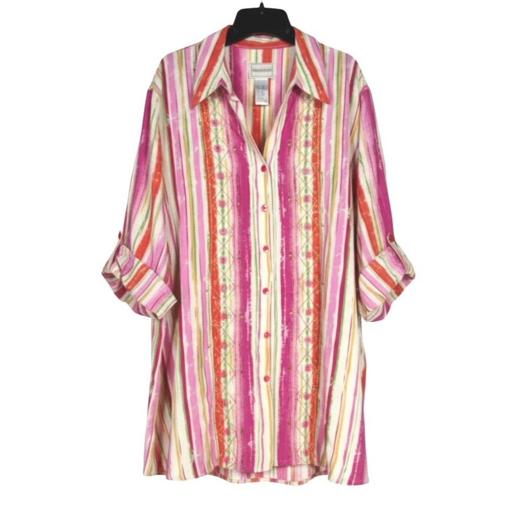 NAPA VALLEY Multi WATERCOLOR STRIPES Button-Up ROLL-TAB SLEEVES Shirt/Top Sz 2X